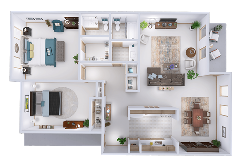 3d floor plan of a house with bedrooms and a living room